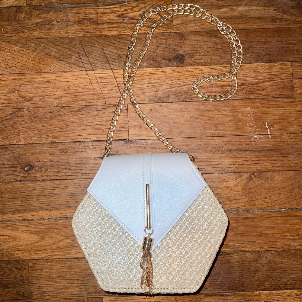 Straw Purse with Gold Chain Strap